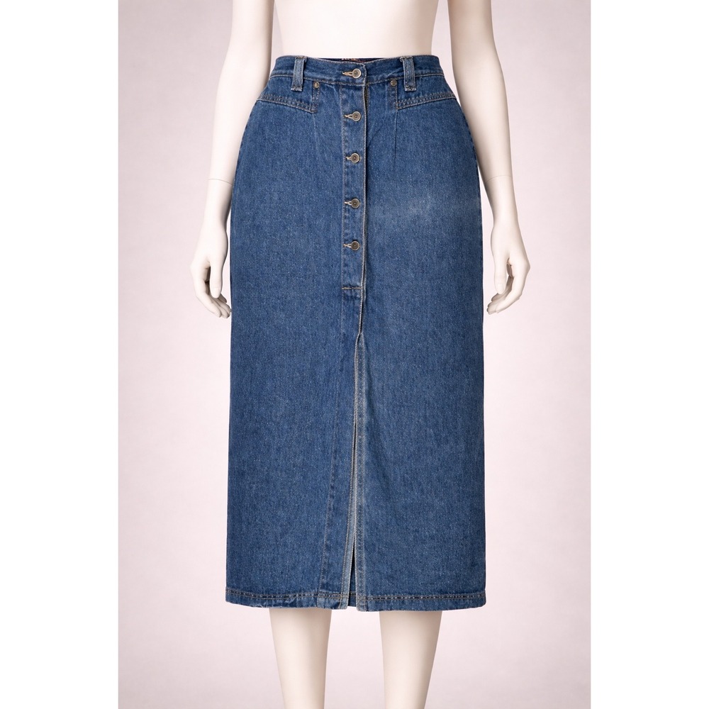 Vintage Denim Midi Skirt Womens 28x34 High Rise Prairie Tradwife Modest 9/10